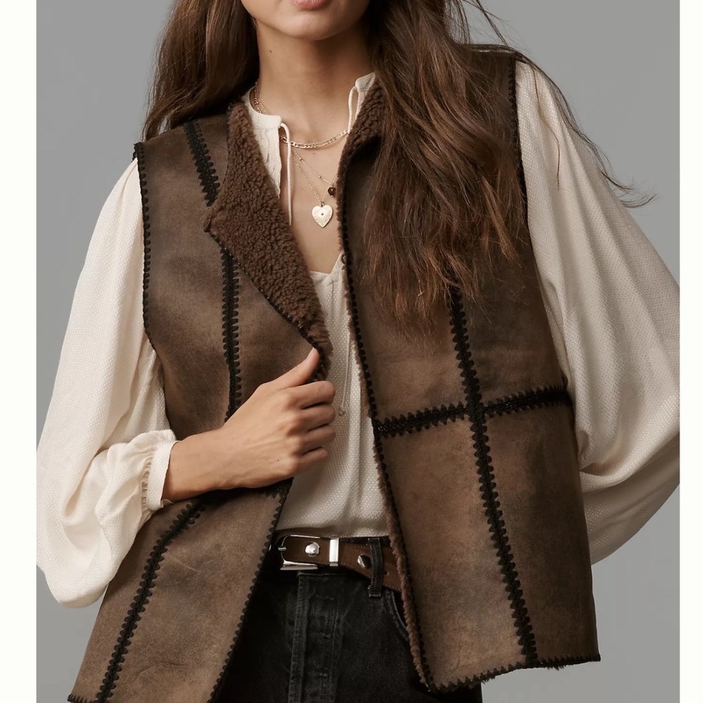 By Anthropologie Stitched Sherpa Fleece Vest Faux Leather Western Chic Boho 3X